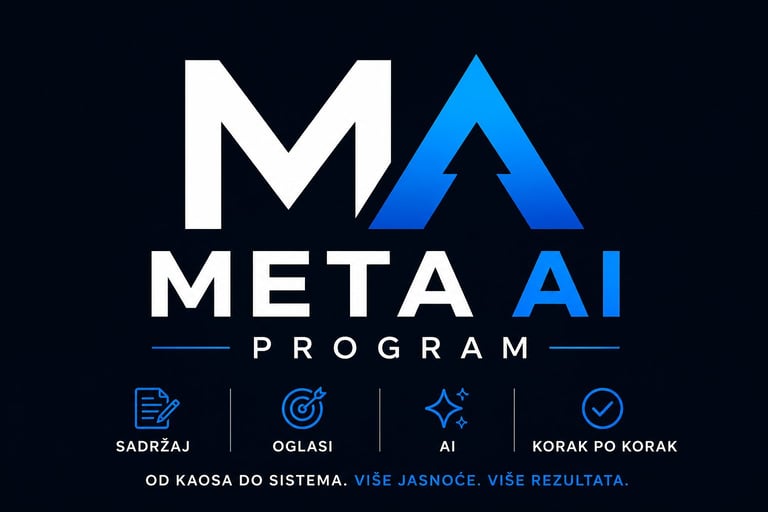 META AI Program logo with white M, blue A, and program pillars: Sadruzaj, Oglasi, AI, and Korak Po Korak
